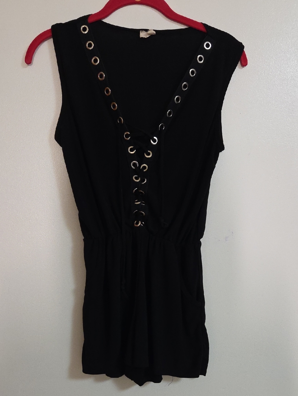 Black Lace-Up Grommet Romper XS